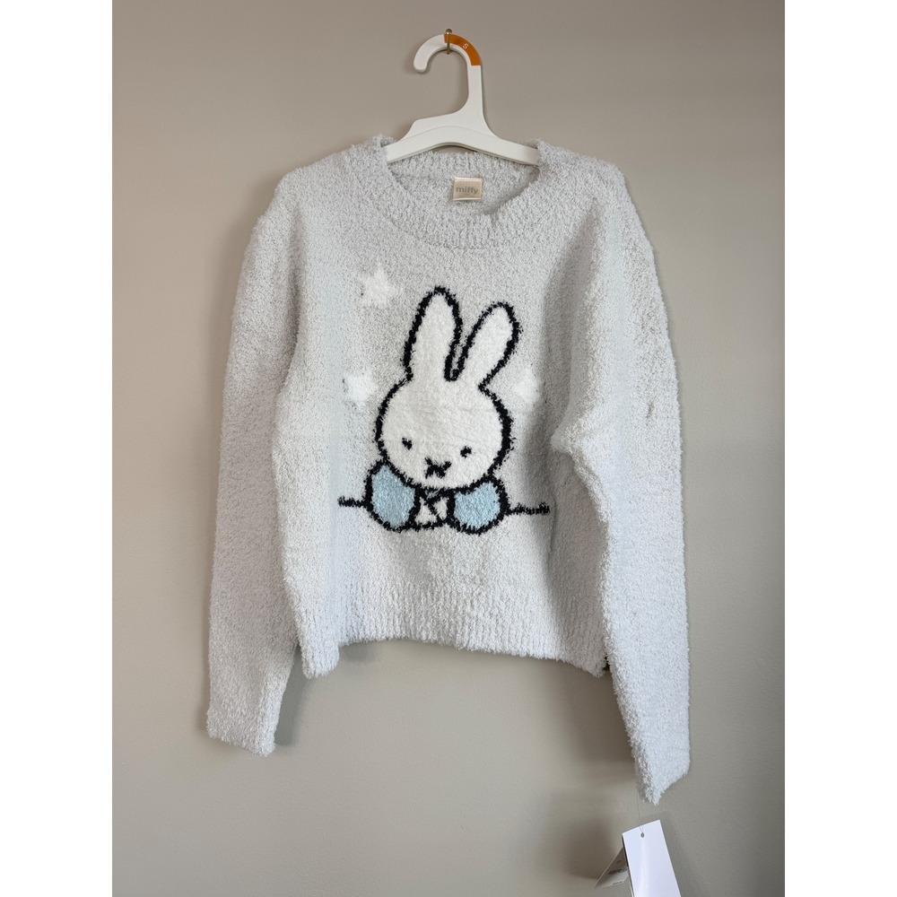 Miffy Sweater Girls Size 6/7 S Gray Fuzzy Eyelash Knit Bunny Graphic NWT